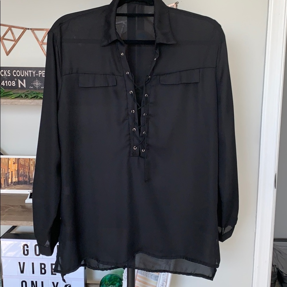 Black slightly sheer v neck tie up tunic top